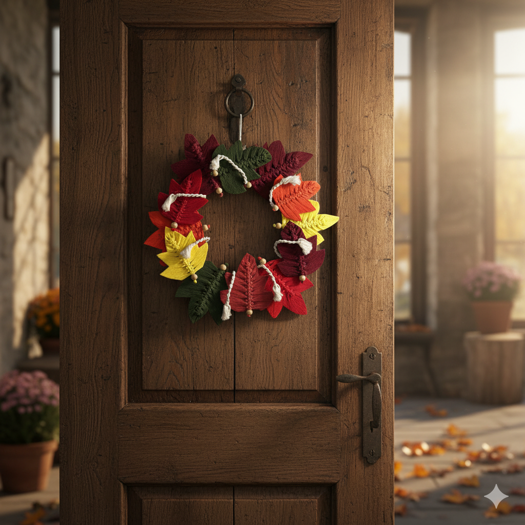 Corona otoñal de hojas de macramé